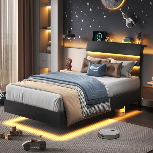 Feonase Twin Floating Bed Frame with Led Lights and Charging Station, Wood Twin Size Bed Frame with Storage Headboard, Heavy Duty Metal Slats, No Box Spring Needed, Easy Assembly, Black