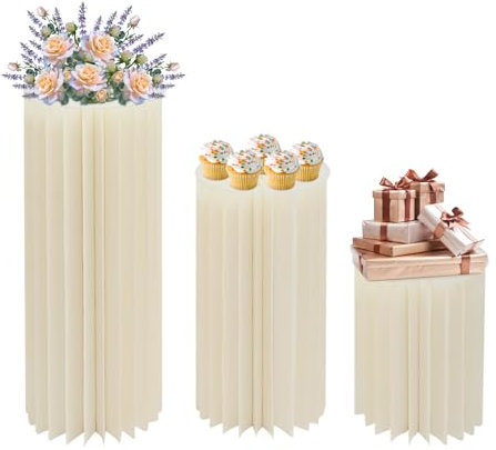 MINRS Lot de 3 vases en carton de mariage - Colonne de fleurs pliable en carton - Présentoir de colonnes avec plaques en PVC - Support de fleurs pliable - Colonne décorative pour mariage, fête, jardin