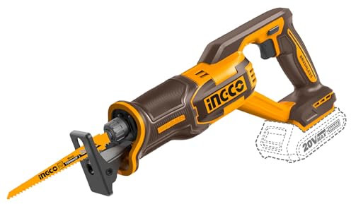 INGCO Scie Sabre Sans Fil 20V (Produit Seul) Moteur Sans Balais, 0-2800 tr/min, Capacités de coupe: 12mm Métal, 210mm Bois, avec 2 Lames de Scie Idéal pour Couper Bois, Métal et PVC CRSLI2108