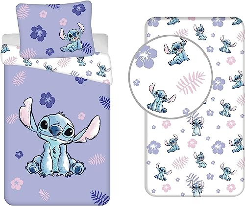 Jerry Fabrics Bettwäsche Lilo & Stitch, 140 x 200 cm, 3-teilig, 100 % Baumwolle, Bettbezug + Spannbettlaken + Kissenbezug 50 x 70 cm, Kinderbettwäsche