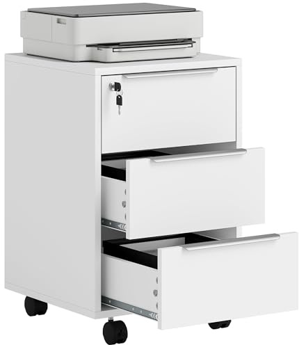 HOMCOM 3-Drawer Lockable Filing Cabinet, File Cabinet on Wheels, Mobile Office Storage Drawers for Home Office, Bedroom and Living Room, White
