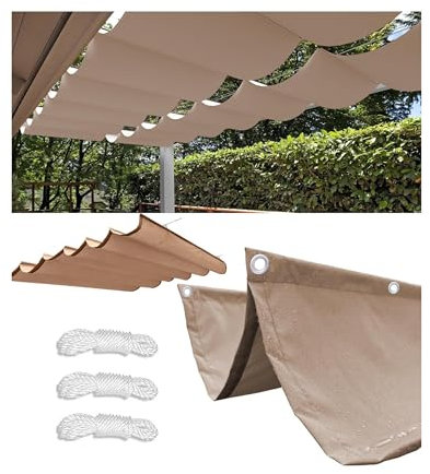 Retractable Wave Pergola Shade Cover 0.9x4m Waterproof Rectangle Shade Cloth PES Awning Canopy 95% UV Block With Rope Outdoor Patio Party Durable Garden Shade Sail Khaki