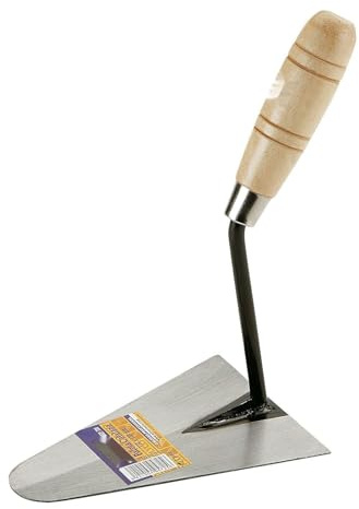 Paleta soldada 155x115 mm con mango de madera, ideal para trabajos de albañilería y mezclas de materiales.