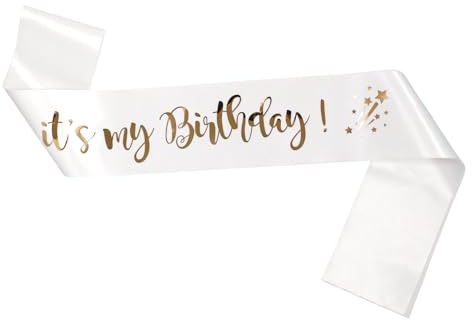 Birthday Sash for Women, Black and Gold Glitter Personalised Sash, Reusable Satin Ribbon Party Accessory, for Birthday Celebrations, Gifts, and Decor, White