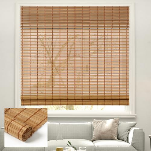 Kokorona Kabellose, durchsichtige Bambus-Romrollos mit Volant, lichtfilternde, gewebte Bambusrollos für Fenster, natürliche Fensterrollos für Zuhause und Terrasse, 94 x 162,6 cm (B x H), Hellrot