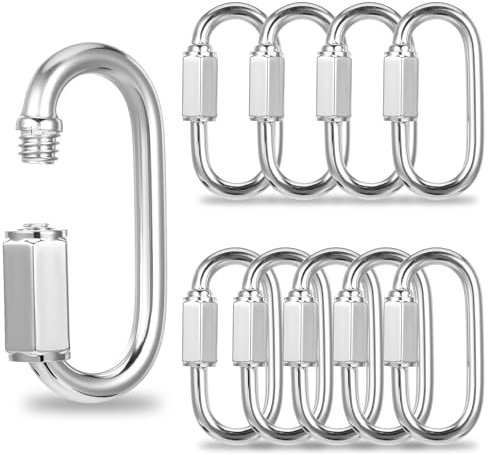 10PCS 304 Stainless Steel Quick Link Chain Connector Clips Threaded Locking Carabiner, Heavy Duty D Shape Quick Links Screw Carabiner Clip, Safety Chain Hooks 1.5