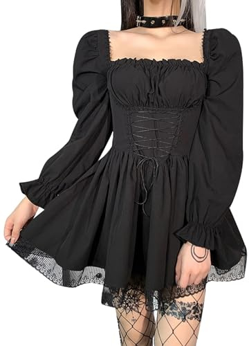 XKBHYD Gothic Kleid Damen Eckiger Ausschnitt Schnürsenkel Corsagenkleid Spitzenbesatz Piratenkostüm Milkmaid Dress Vintage Party Kleider