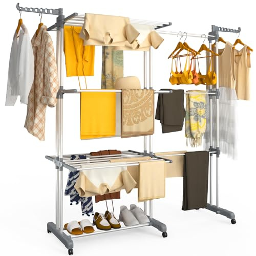 VOUNOT® Tendedero Vertical Plegable Extensible 4 Niveles 190x64x170cm Tendedores Ropa Torre 2 en 1 Secadora Multifunción con Alas Plegables Ruedas Estantes de Secado Ropa Interior/Exterior Gris-Blanco