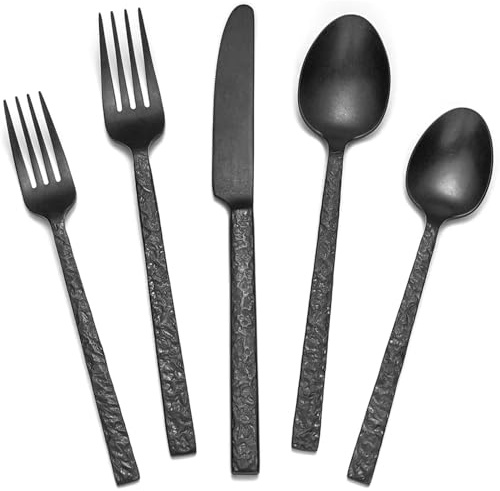 HIKAA 18/10 Besteck Schwarz Matt, Besteck Set 6 Personen Gehämmert | Essbesteck aus 30-Teiliges Edelstahl Besteckset, Cutlery Set für zu Hause und Restaurants, Spülmaschinenfest