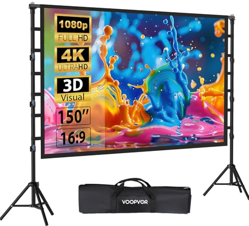 VOOPVOR Pantalla de proyección para exteriores con trípode de 150 pulgadas: pantalla de proyección portátil 16:9 4K HD, pantalla de cine para interior/exterior, con bolsa de transporte y soporte
