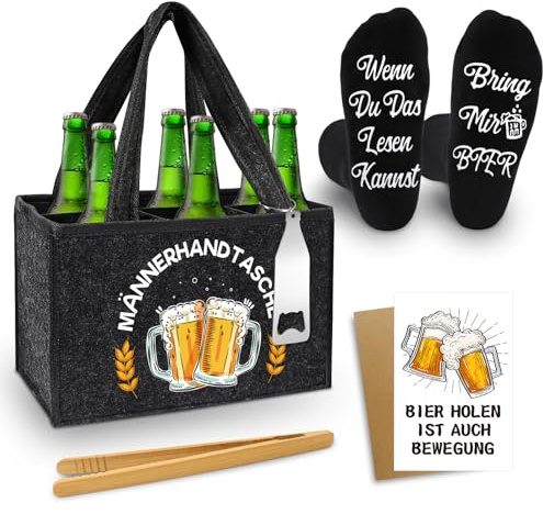 Shining She Lustige Bier Geschenke für Männer Filz Flaschentasche 6Flaschen | Männerhandtasche Bier mit Flaschenöffner, Eiszange, Bier Socken, Grußkarten, Männertag Geschenke, Papa Geschenk, Opa Geschenk