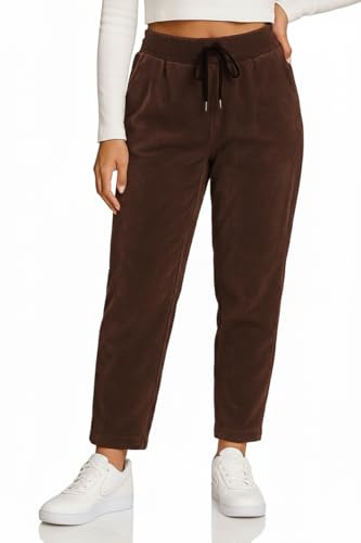 Kendindza Cordhose Damen Hose Stretch Joggpants Damen elegant Stoffhose Schlupfhose Fein Cord Braun M