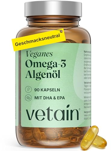 VETAIN Omega 3 Vegan - 90 Kapseln - 963 mg Algenöl pro Tagesdosis: 300 mg DHA + 150 mg EPA - Hochdosiert, ohne Carrageen & künstliche Zusätze - Geschmacksneutral - produziert in Deutschland
