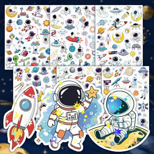 Weltall Sticker für Kinder, 6 Stück Laser glänzende Kinderaufkleber | Weltraum Kindergeburtstag Inhalt Schultüte Junge füllung, Kleinigkeiten für die Schultüte Planeten Weltall Mottoparty Deko