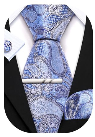 Barry.Wang Herren Krawatte Set Seiden-Geschäfts-Streifen Plaid-Krawatten-Set mit Taschentuch Manschettenknopf für Hochzeit Formell