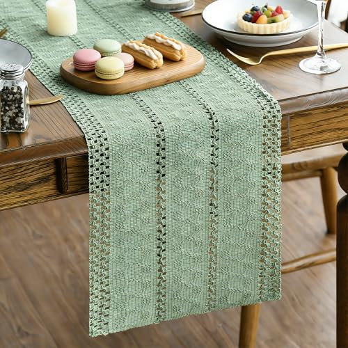 QGGTQG Mode Tischläufer Salbeigrün Makramee Baumwolle Leinen Table Runner | Boho Modern Ländlich Tischband Läufer Tisch Küche Esstisch Tisch Dekoration Hochzeit Party Deko (Hellgrün, 30*150cm)