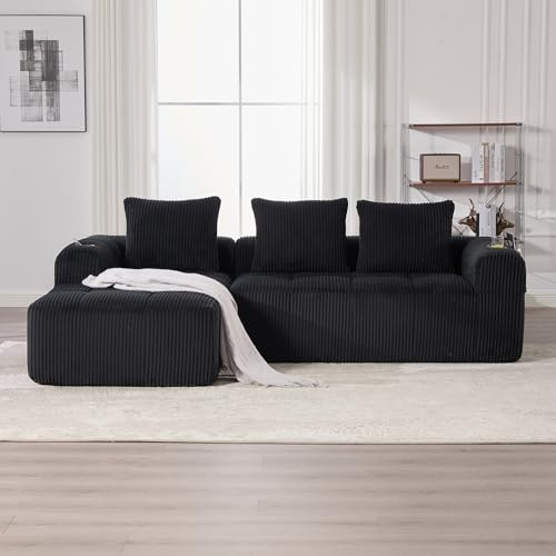 Lubvtti Divano ad angolo a L, design modulare con 3 cuscini,Divano a 3 posti con tasche laterali e portabicchieri,Divano ad angolo compatto,Tessuto velluto a coste,adatto per soggiorni e uffici,Nero