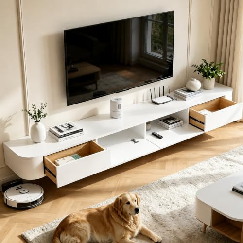DSMRLEOP Vormontierte, schwebende TV-Einheit mit Schubladen, wandmontierter TV-Schrank aus Holz, moderne schwebende Medienkonsole mit großem Stauraum, platzsparende TV-Bank unter dem Fernseher für