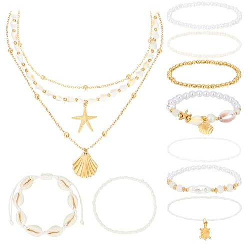 PHOGARY Lot de 12 colliers en forme de coquillages bohèmes pour femme - Bijoux en coquillage - Collier - Pour l'été - Bijoux bohèmes - Bracelets de cheville avec de véritables coquillages