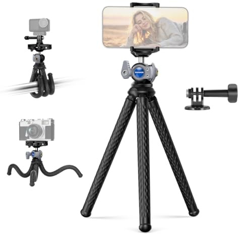 NEEWER Flexible Phone Tripod, Small Mini Camera Webcam Desk Stand Phone Holder & Action Camera Mount Adapter Compatible with iPhone GoPro DJI Pocket 4 3 Xtra Muse Insta360 Video Recording, TP34 Silver