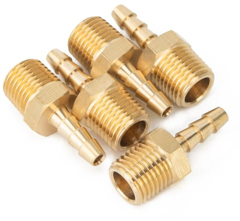 LTWFITTING Brass 1/4-Inch Male BSPT x 5mm Hose Barb Coupler Adapter Fitting for Vehicle Fuel System, HVAC System (Pack of 5)