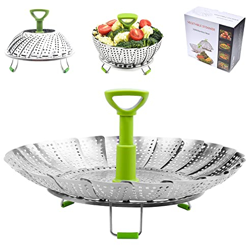 BangShou Cesta Vaporera Plegable de Acero Inoxidable 11'' Steamer Cesta Plegable Vaporera con Asa Extraíble para Verduras y Frutas, Cesta Plegable, Inoxidable, Apto para Lavavajillas