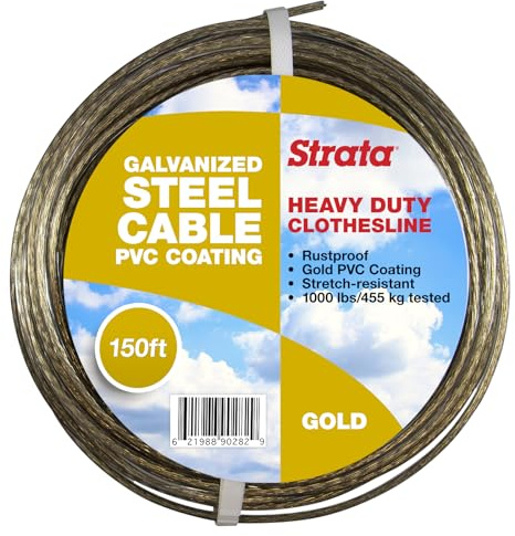 Strata 150 Feet Clothesline Outdoor Heavy Duty Galvanized Wire Steel Cable, Gold PVC Coating - Clothes Line Wires for Outside Laundry Drying