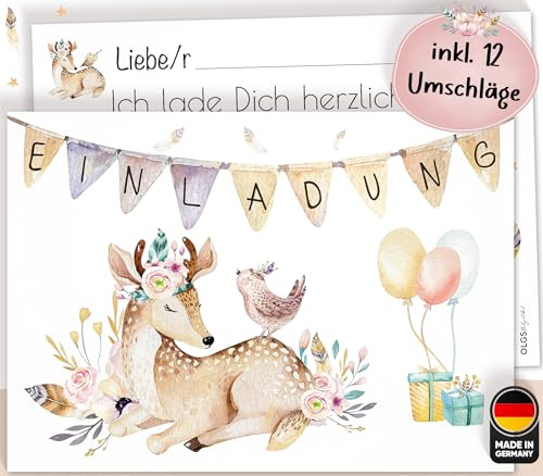 Olgs 12x Einladungskarten für Mädchen zum Kindergeburtstag, Boho Reh, Geburtstagseinladungen, Einladung zur Geburtstagsfeier zum ausfüllen + Umschläge, Kinderparty, Babyparty