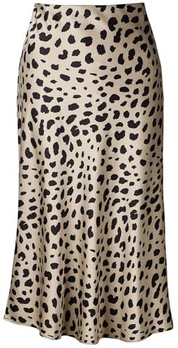 Soowalaoo High Waisted Leopard Midi Length Skirt Hidden Elasticized Waistband Silk Satin Summer Casual Trendy Ladies Skirts L