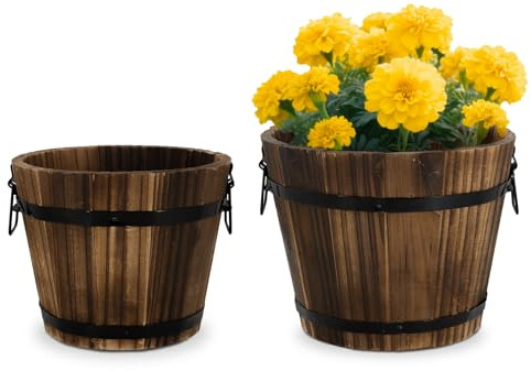 HAKKART Wooden Barrel Planters, 8 inch 7 inch Plant Pot with Drainage Holes for Indoor Plants Decor, Set of 2