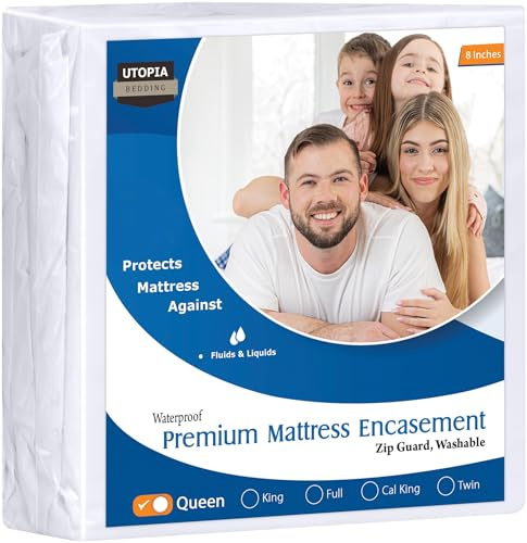 Utopia Bedding Premium Waterproof Bed Bug Mattress Cover, Queen Zippered Mattress Protector, 8 Inches Deep, Dust Mite Proof 6-Sided Mattress Encasement for Bed