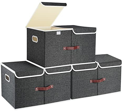 TYEERS Extra Große Aufbewahrungsbox mit Deckel und Fächern, Stoff, Faltbare, Waschbare, Kisten Aufbewahrung mit Deckel, 55x33x30 cm, 3-Stück, Schwarz
