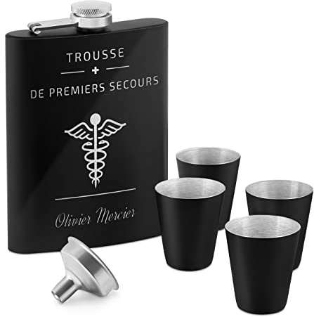 Maverton Flasque personnalisée de 200 ml pour lui - Portable Flasque pour voyageur - Set avec 4 verres à shot - Idee Cadeau Homme - Cadeau Anniversaire Homme - Cadeau Noel - Pour ami - Secours