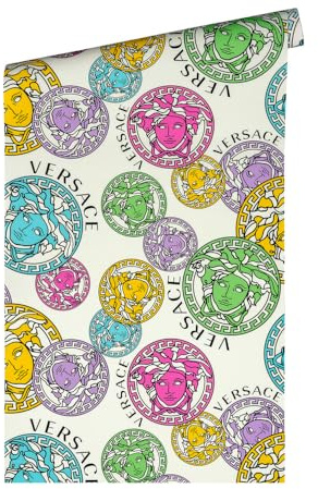 Versace Wallpaper Colourful White Pink Blue Luxury Designer Non-Woven Wallpaper Logo Medusa 386101 10.05 x 0.70 m Made in Germany