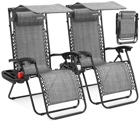 SereneLife Silla reclinable de Jardin, Set de 2, Tumbona, Almohada Desmontable, Bandeja Desmontable para portavasos, Exterior, Patio, Jardin