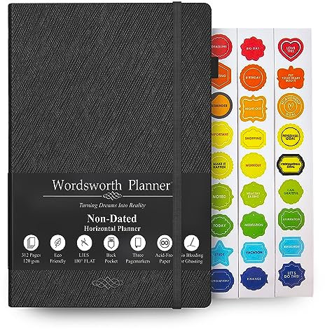 Wordsworth Planner– Planner non datato per la definizione degli obiettivi settimanali e mensili, tracker delle abitudini, organizer per la produttività e la gestione del tempo, diario, A5 1 anno -Nero
