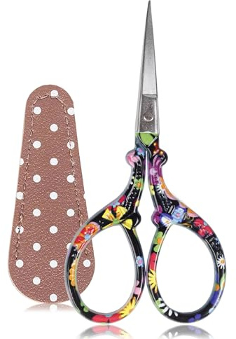 BIHRTC 3.6Inch Detail Craft Scissors Stainless Steel Sharp Sewing Shears with Leather Cover Needlework Scissors for Crafting Threading Cross Stitch Cutting Art Work DIY Tool