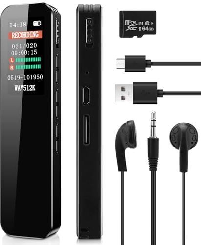 Registratore vocale digitale, CestMall USB ricaricabile Dispositivo registrazione vocale Mini dittafono Registratore vocale con lettore MP3 20 ore di registrazione Registratore audio64G per conferenze