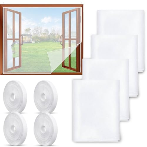 4 Pcs Filet Anti Moustique Fenetre, 130x150cm Moustiquaire Fenetre Blanc, Moustiquaire Auto Agrippante, avec 4 Rouleaux de Bandes Autocollantes, Ne Nécessitant Aucun Perçage (Blanc)