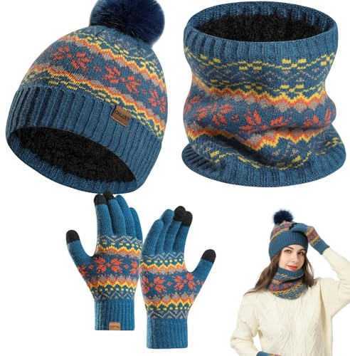 3 Stück Mütze-Schal-Handschuhe-Set, Thermische Strickmütze, Schal, Handschuhe Winter Bommelmütze Fleece-Futter Schal Handschuhe Weiche dicke stricken warme Mütze Handschuhe Hals Wärmersets (Blau)