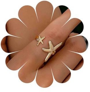 Inateannal Anillos Boho de Estrellas de Mar Oro Ajustables Abiertos Vintage Declaración Doble Estrella de Mar Nudillo Verano Playa Océano