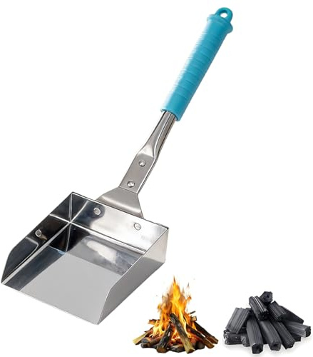 Ash Shovel for Wood Stove & Fireplace – 14.6 Rust-Resistant Ash Shovel with Blue Handle, Stainless Steel Scoop & Hanging Hook for Fire Pit, BBQ, Campfire