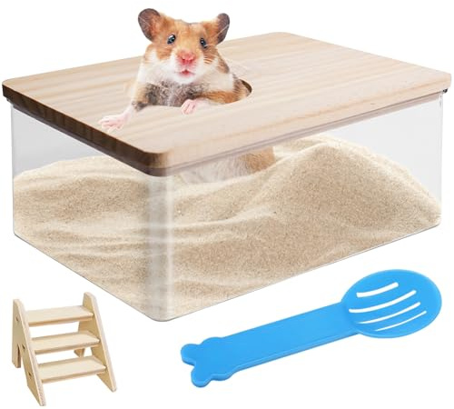 Bagno di sabbia trasparente per criceto – Cabina WC con scala e pala – Contenitore da bagno di sabbia per criceto animale – Sabbia per criceti, topi, lemings e gerbolli (quadrato)