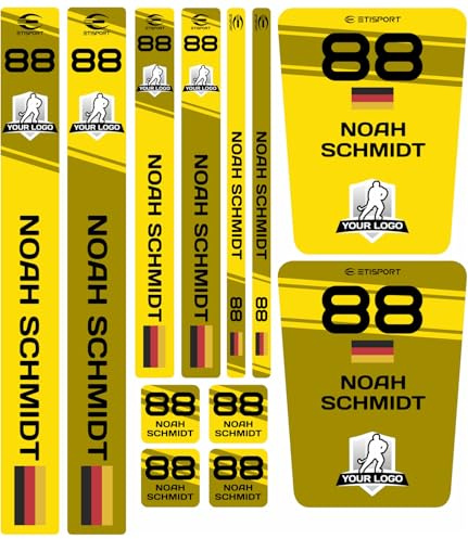 ETISPORT Personalisierte Aufkleber für Hockeyschläger & Trinkflaschen, wasserdichte Etiketten mit Name, Nummer, Flagge & Logo, Set für Hockeyspieler
