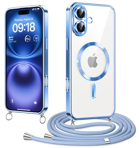 Woijrly Magnétique Coque avec Cordon pour iPhone 17, Compatible avec MagSafe, Coque Magnétique en Galvanisé avec Réglable Collier Lanyard, Antichoc pour iPhone 17, Bleu