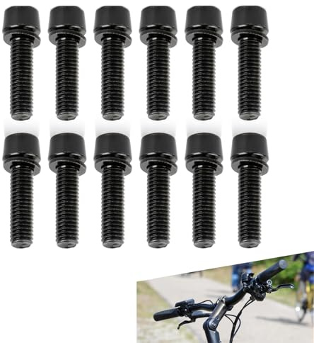 Fahrrad Vorbau Schrauben,12 Stück M5x18mm Fahrradschaftschrauben,Flaschenhalter Schrauben Stamm Bolzen mit Unterlegsscheiben,Kegelkopf Schraube,Fahrrad Kegelschrauben für Mountainbike (Schwarz)