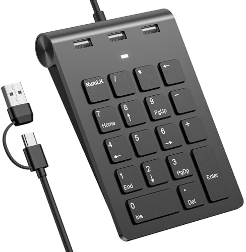 Rytaki Pro 2-en-1 Pavé Numérique Filaire et Hub USB avec USB-C et USB-A, Pavé Numérique USB avec 3 Ports USB 2.0, 18 Touches Clavier Numerique pour PC Portable/iPad/PC/Windows/macOS, Plug & Play Noir