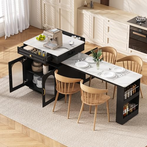 Sapgaks Esstisch, ausziehbar, LED, Kücheninsel auf Rollen, Bartisch mit Mehrfachsteckdosen, Buffet oder Bartisch für Küche und Esszimmer (Schwarz + MDF + Glas)