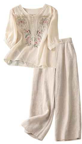 Women's Cotton Linen Co Ord Sets 2 Piece Outfits Breathable Lightweight 3/4 Sleeve Blouses Tops and Wide Leg Trousers Tracksuits Lounge Wear