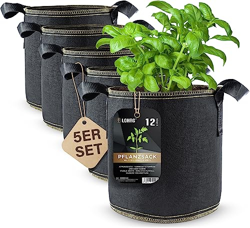 DIYer lohag® Lot de 5 sacs de plantation en tissu non tissé de qualité supérieure - 12 l - Pour herbes, fleurs, légumes et plantes d'intérieur - Sacs de plantation robustes et réutilisables -